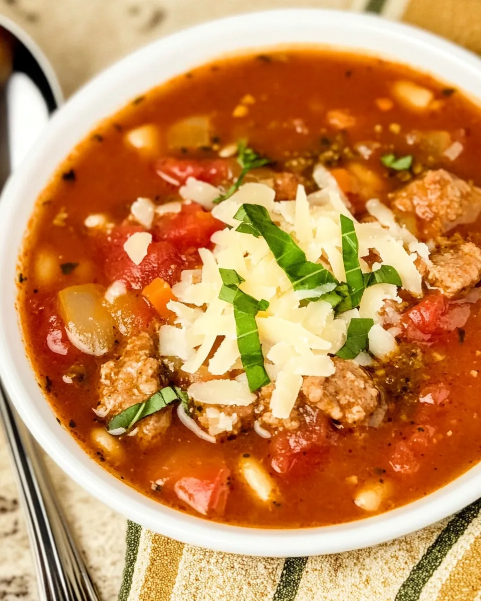 Classic Italian Sausage, Tomato, and Pesto Soup image