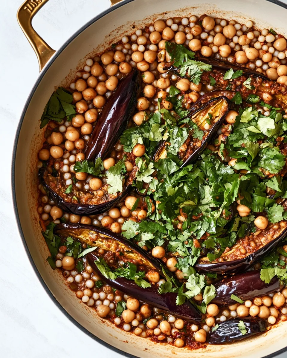Easy One-Pan Harissa Eggplant, Pearl Couscous & Chickpeas photo