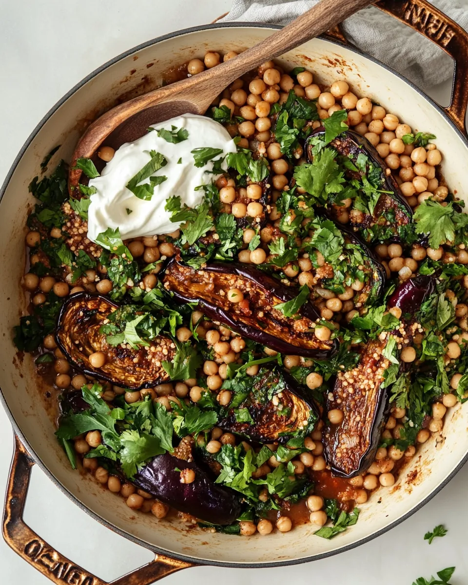 Delicious One-Pan Harissa Eggplant, Pearl Couscous & Chickpeas image