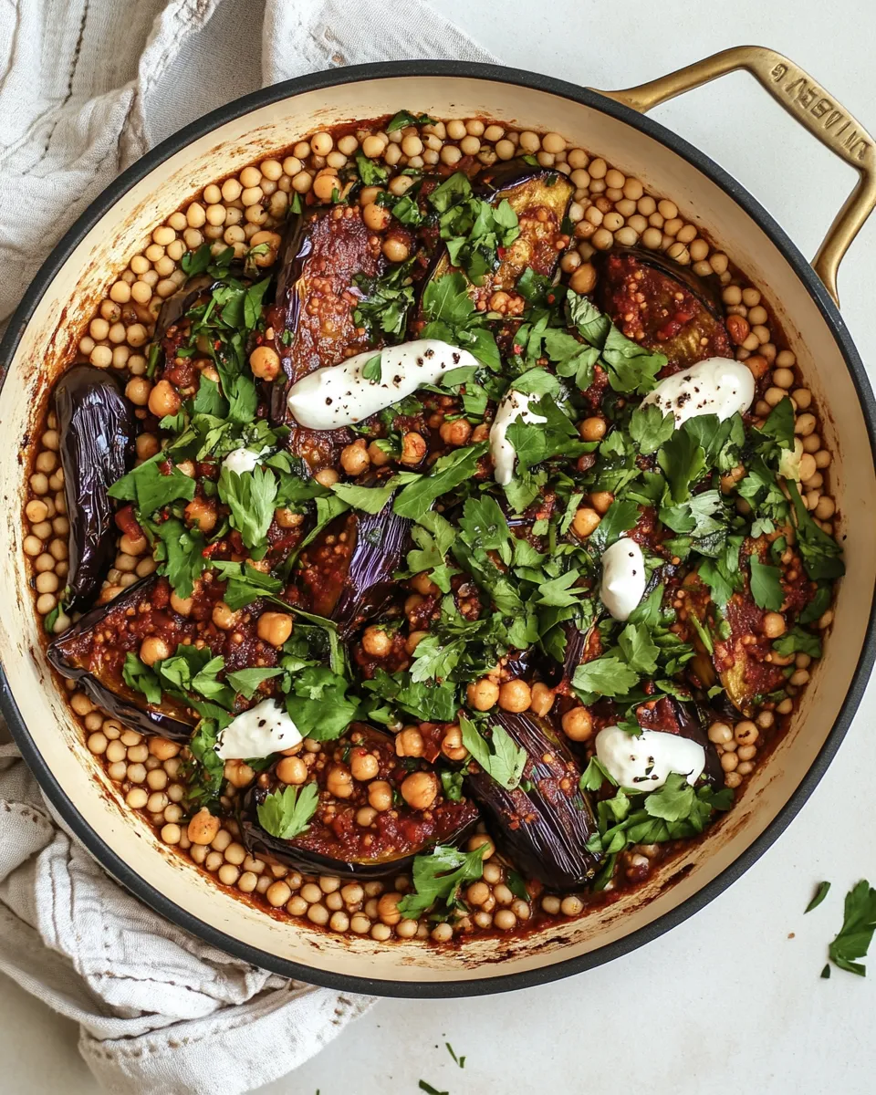 Healthy One-Pan Harissa Eggplant, Pearl Couscous & Chickpeas recipe photo