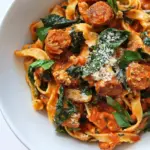Easy One Pot Turkey Sausage and Roasted Red Pepper Alfredo photo