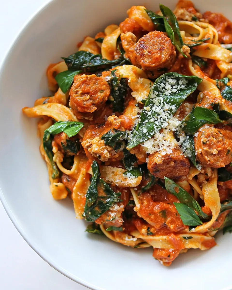 Easy One Pot Turkey Sausage and Roasted Red Pepper Alfredo photo