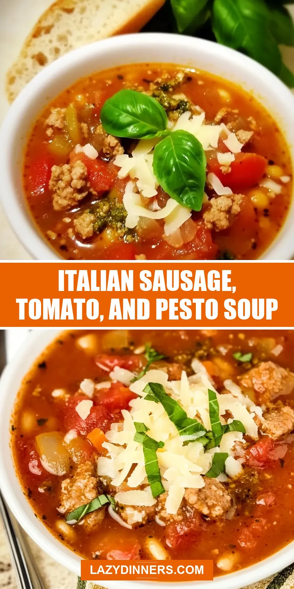 The Best Italian Sausage, Tomato, And Pesto Soup Ever